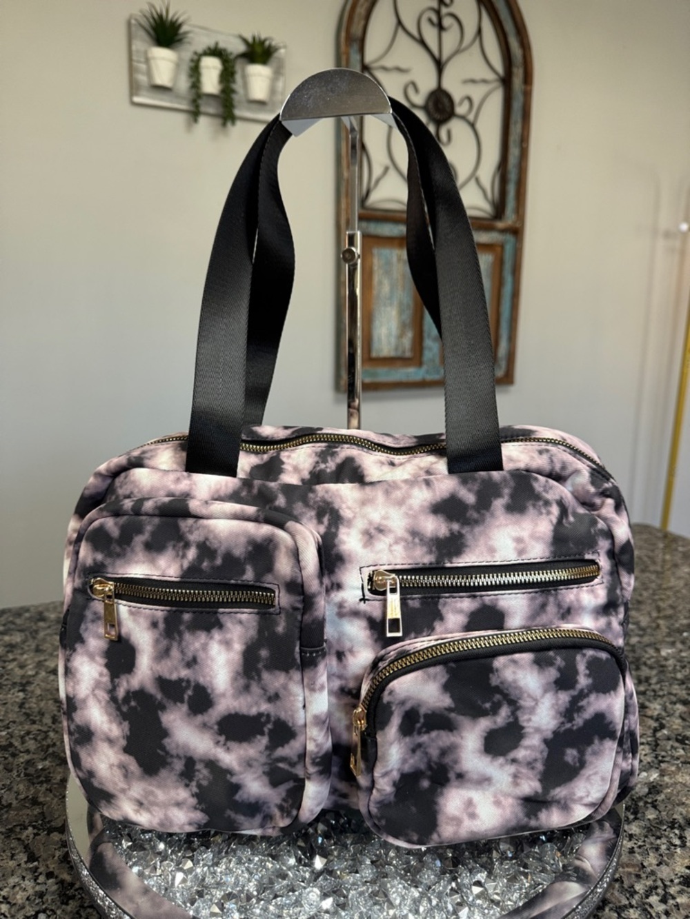 Olivia Miller Black and Pink Tie-Dye Tote with Multiple Zip Pockets EUC